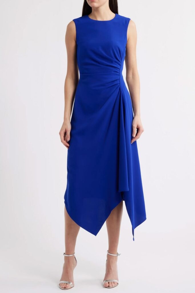 23 Date Night Outfits That Always Look Effortlessly Chic in 2026 13 Asymmetric Hem Dress in Cobalt Blue