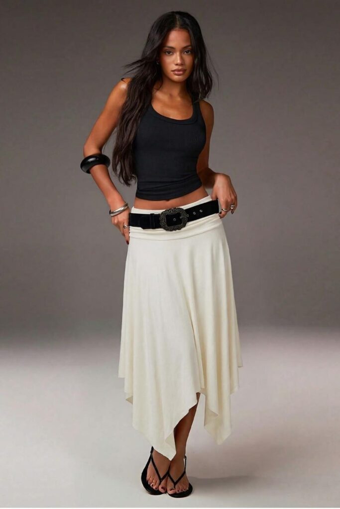 Asymmetric Hem Skirt with a Tucked-In Simple Tee
