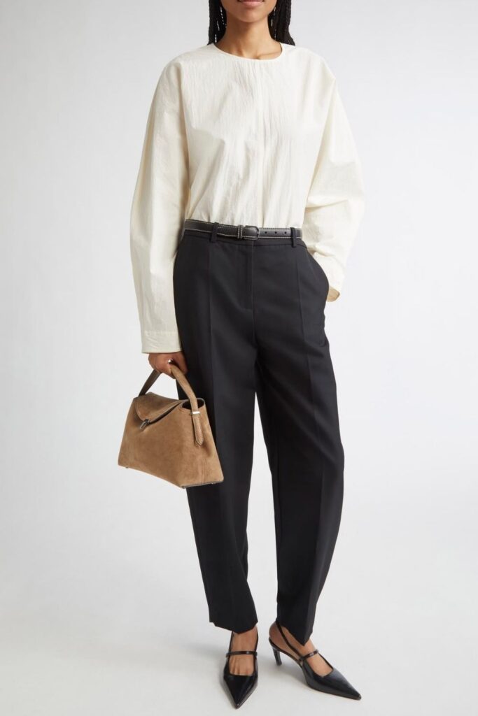 Balloon-Sleeve Top with Straight-Cut Trousers for Inverted Triangle Shapes