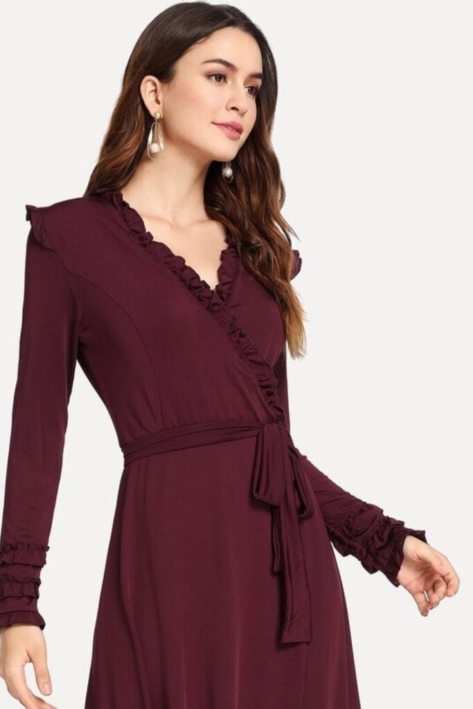 33 Stunning Office Outfits Women That Work From Desk to Dinner 6 Belted Wrap Dress in Deep Burgundy