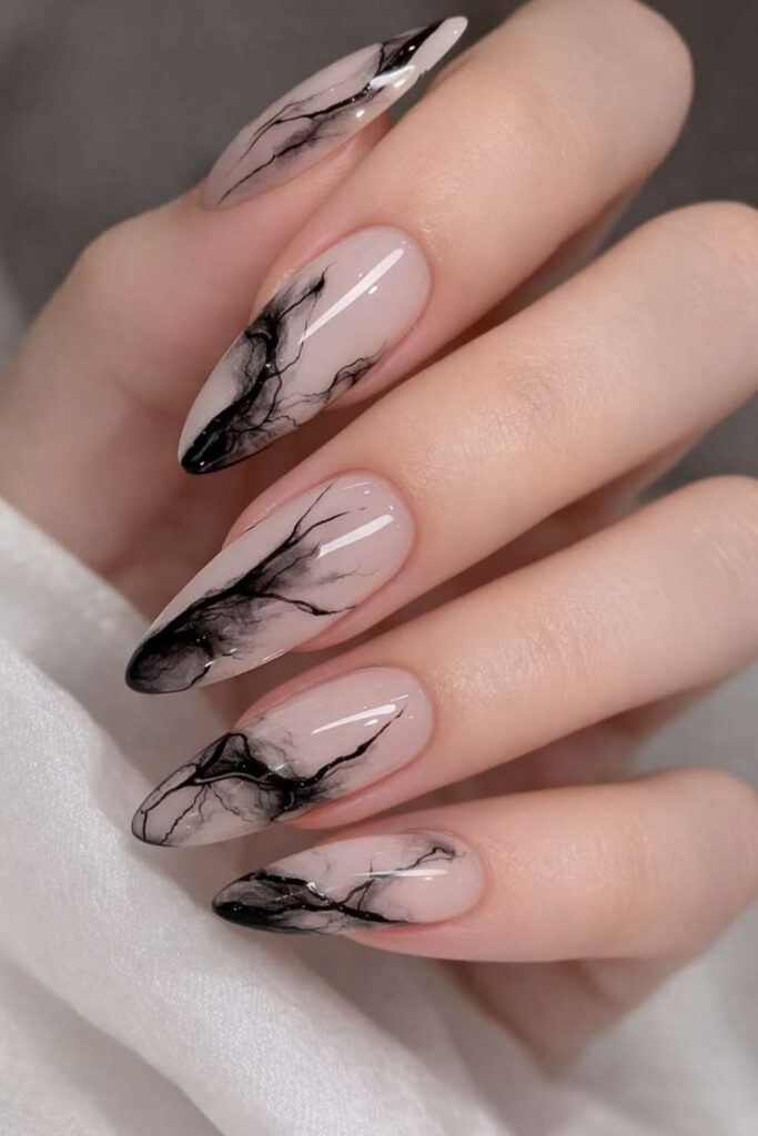 43 Blooming Gel Nail Art Ideas That Look Like They Took Hours (But Didn't) 11 Black Ink Drop Bloom on a Sheer White Base
