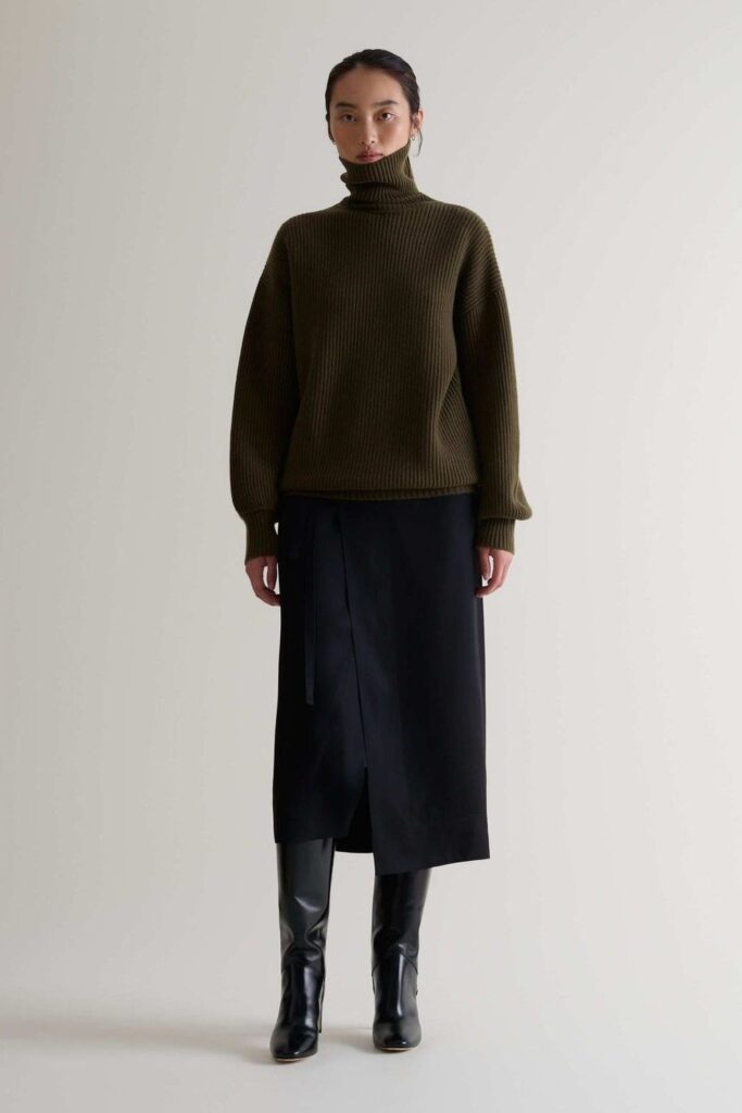 Black Midi Wrap Skirt with a Fitted Turtleneck and Knee-High Boots