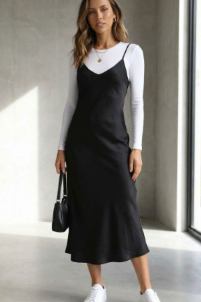 Black Slip Dress Over a White Long-Sleeve Tee