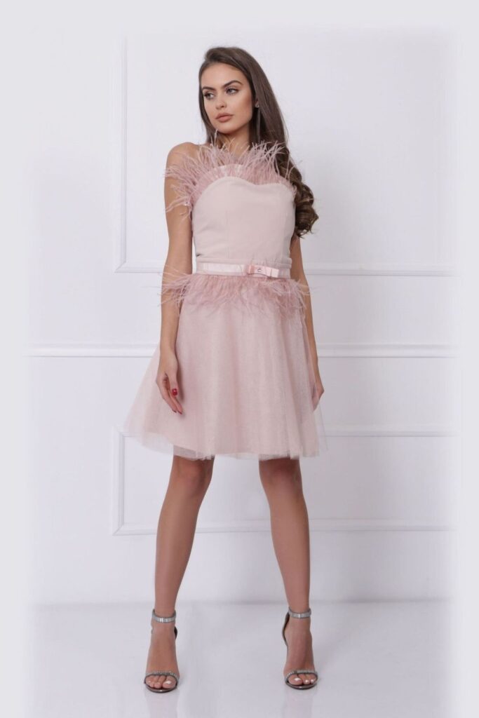 Blush Pink Feather-Hem Mini Dress