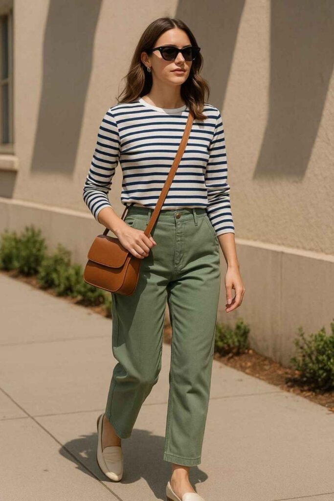 Bottle Green Slim Pants with a Striped Marinière Top