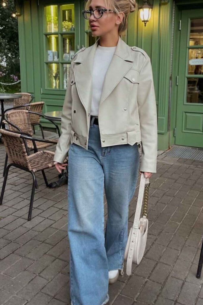 Boucle Short Jacket with Straight Raw-Hem Jeans and White Sneakers