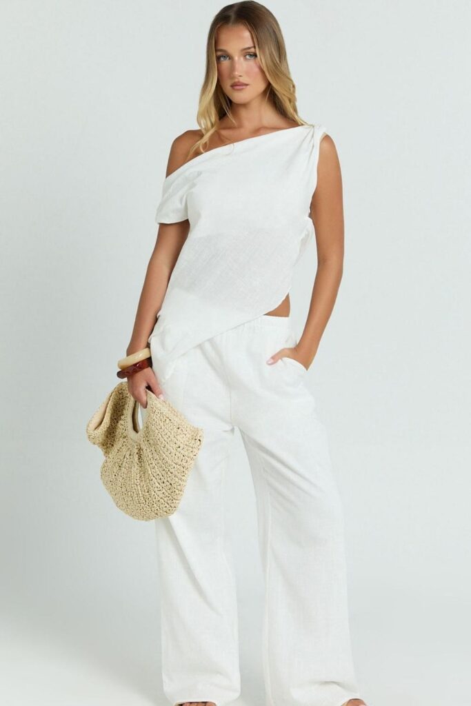 Breezy White Linen Co-Ord Set with Raffia Accessories