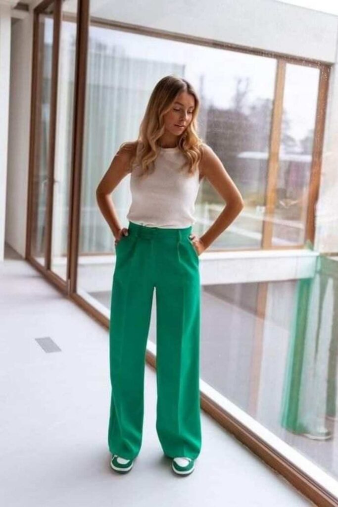 Bright Grass Green Wide-Leg Pants with an All-White Top