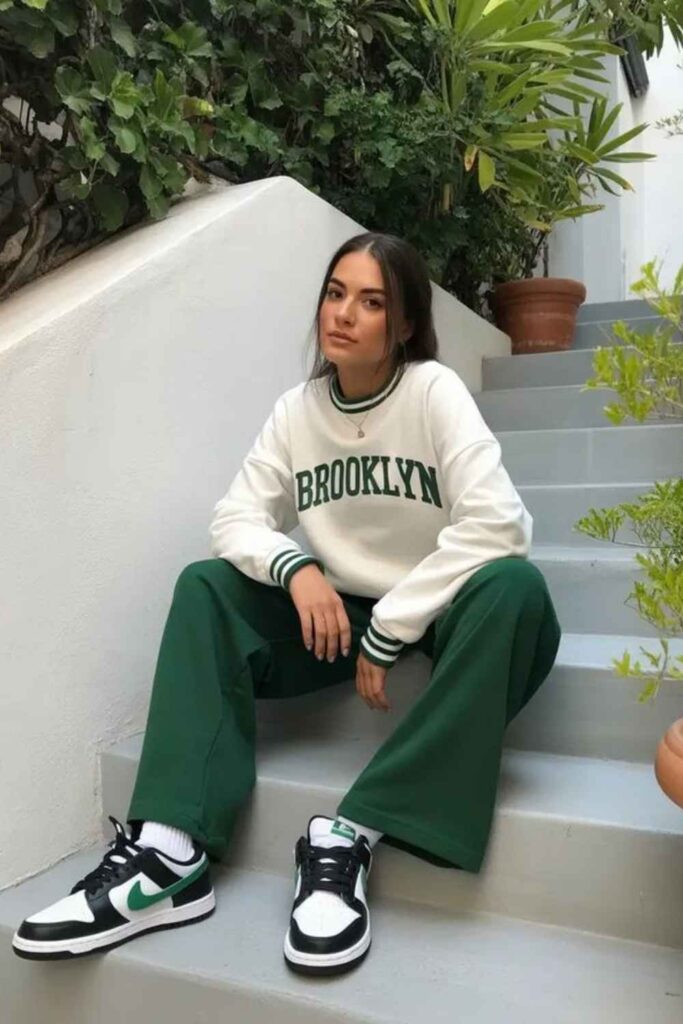 Bright Green Joggers with an Oversized White University Hoodie