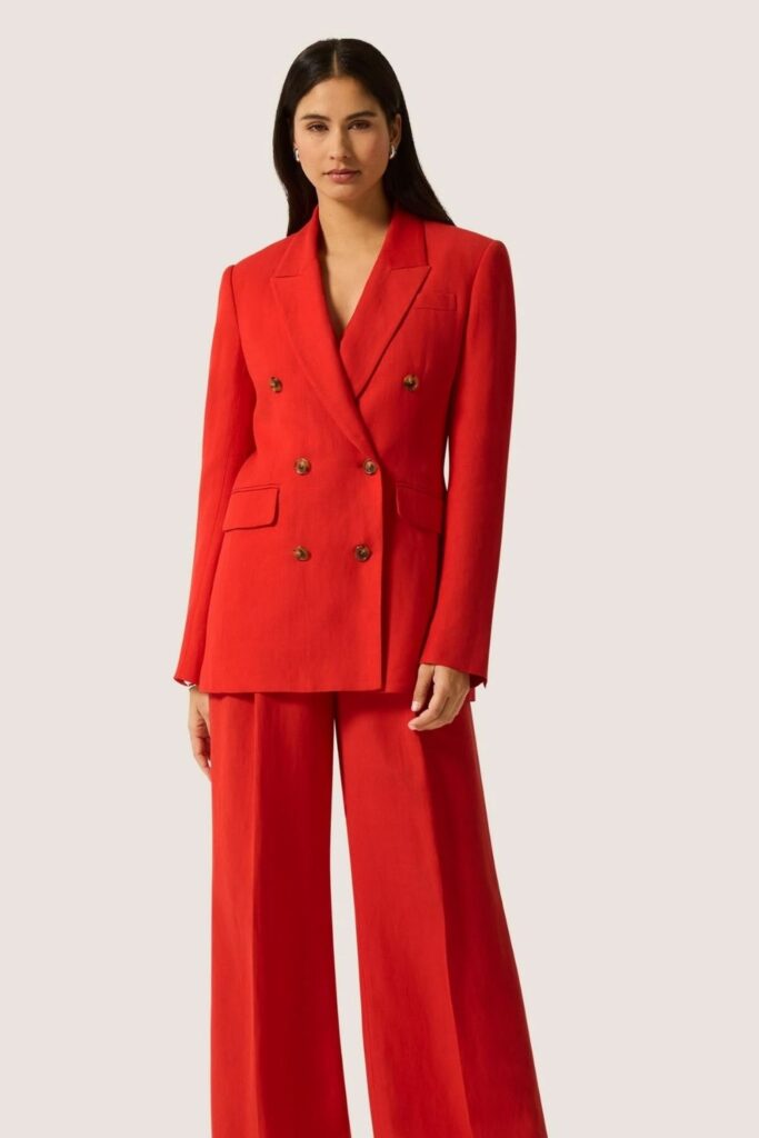 Bright Red Power Suit with Nothing Underneath and Pointed Heels