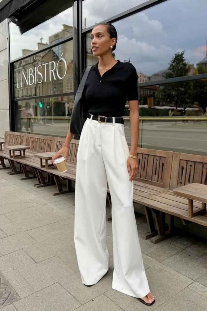 Bright White Wide-Leg Trousers with a Graphic Tee and Heels