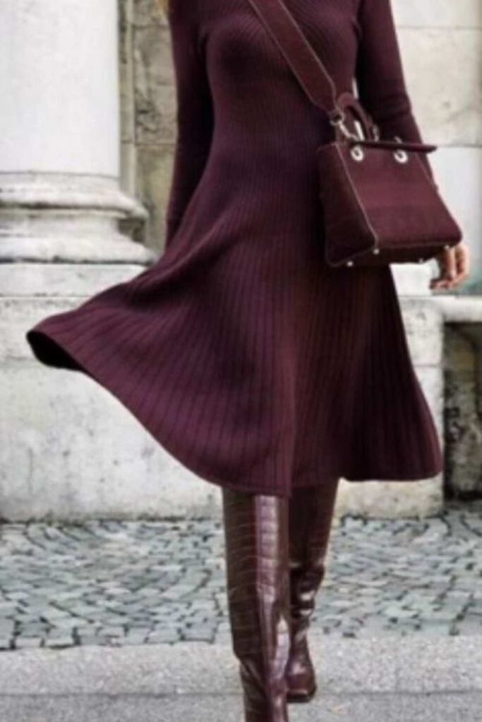 Burgundy Knit Midi Dress with Knee-High Boots Autumn Date Night