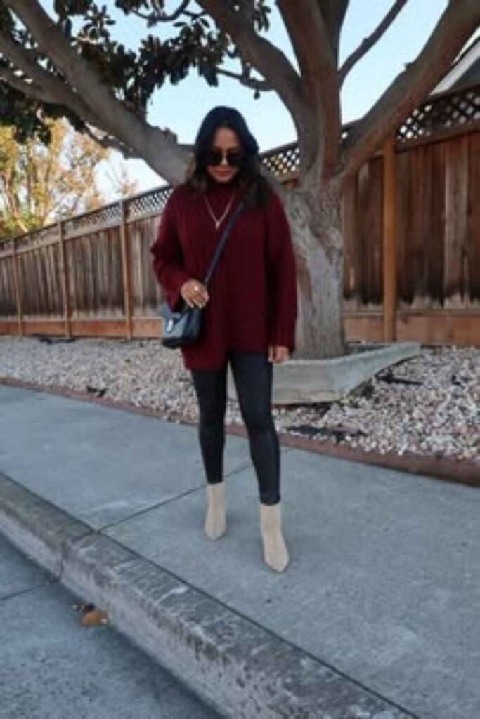 Burgundy Oversized Sweater with Faux Leather Leggings and Ankle Boots