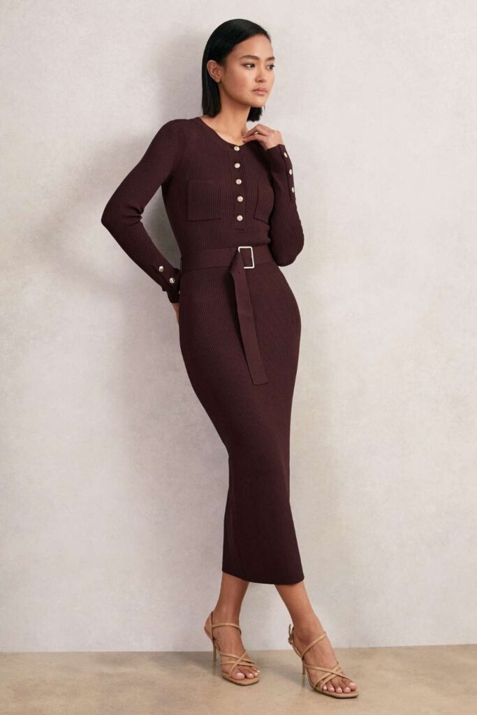 33 Stunning Office Outfits Women That Work From Desk to Dinner 15 Burgundy Ribbed Midi Dress with a Camel Leather Belt and Ankle Boots