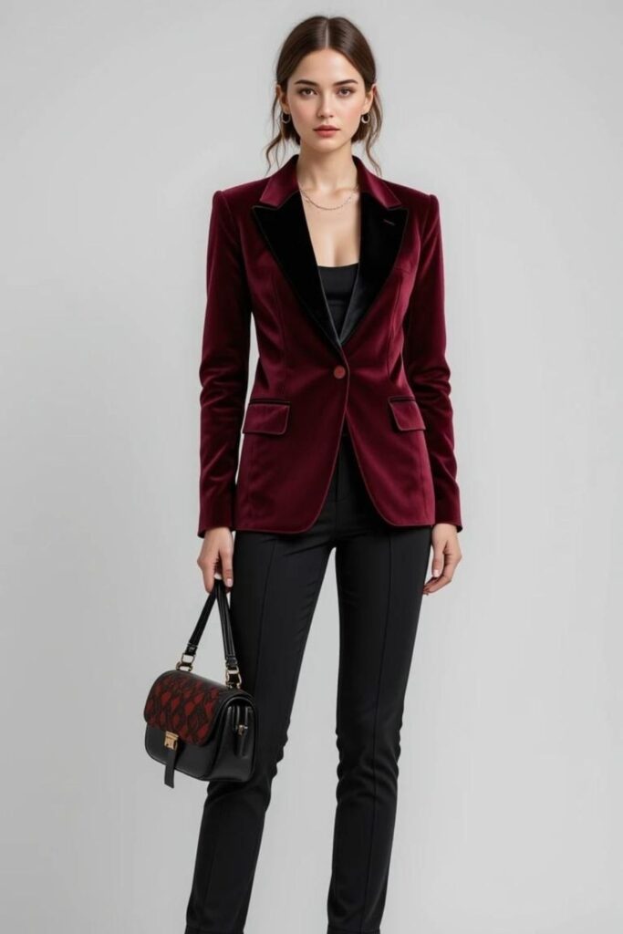 Burgundy Velvet Blazer with Tailored Trousers and a Statement Bag