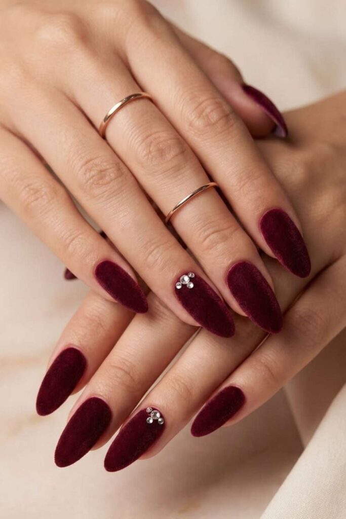 54 Cozy Fall Nails Aesthetic Ideas That Feel Like a Warm Latte in Your Hands 3 Burgundy Velvet Coffin Nails