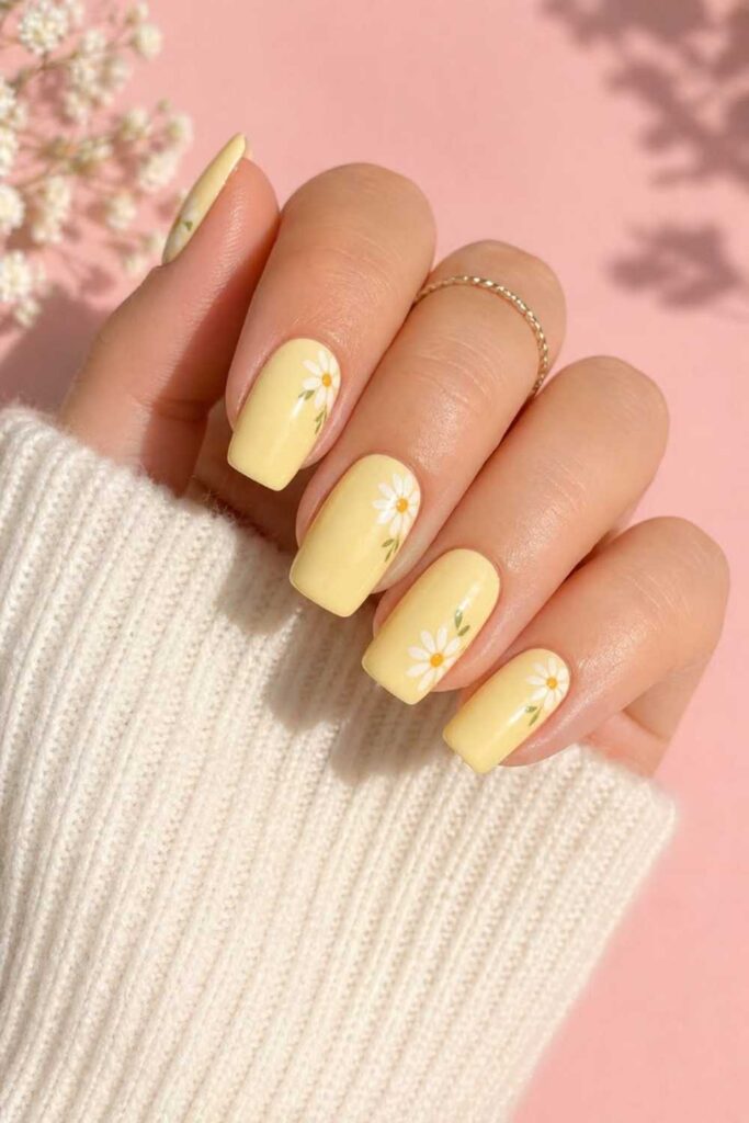 44 Cute Back to School Nails That'll Make You Actually Excited for September 14 Butter Yellow with Floral Sticker Accents