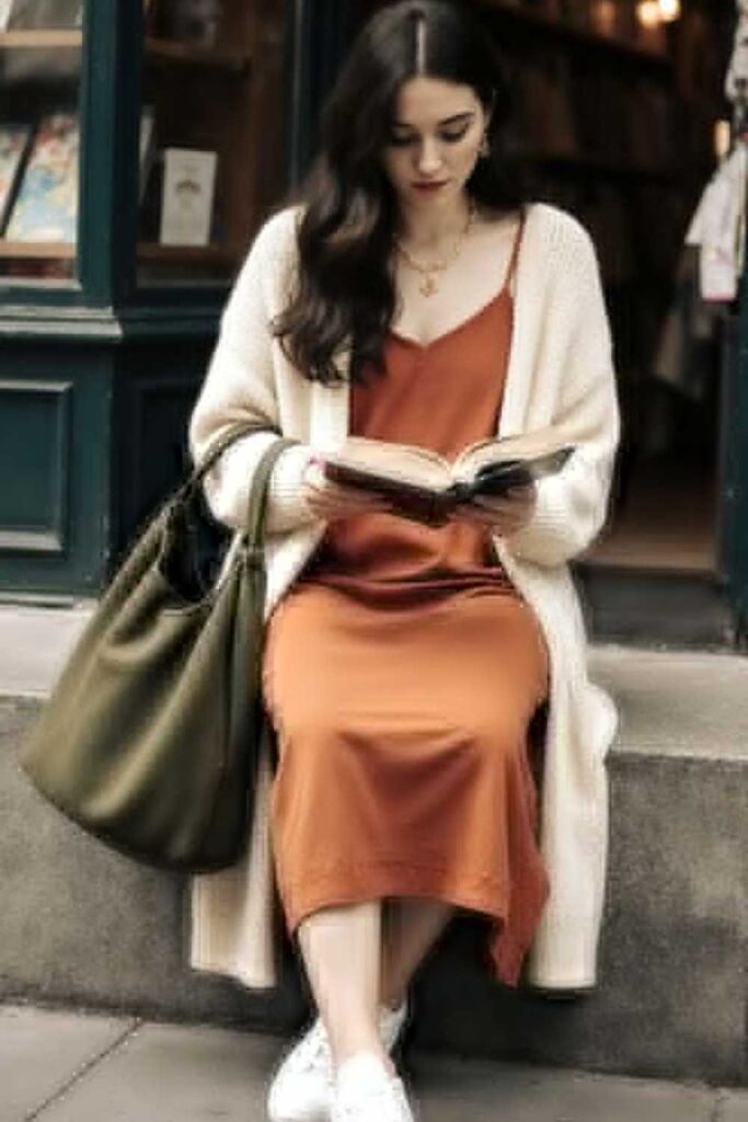 27 Casual Everyday Outfits That Always Look Effortlessly Put-Together 5 Camel Longline Cardigan Over a White Slip Dress