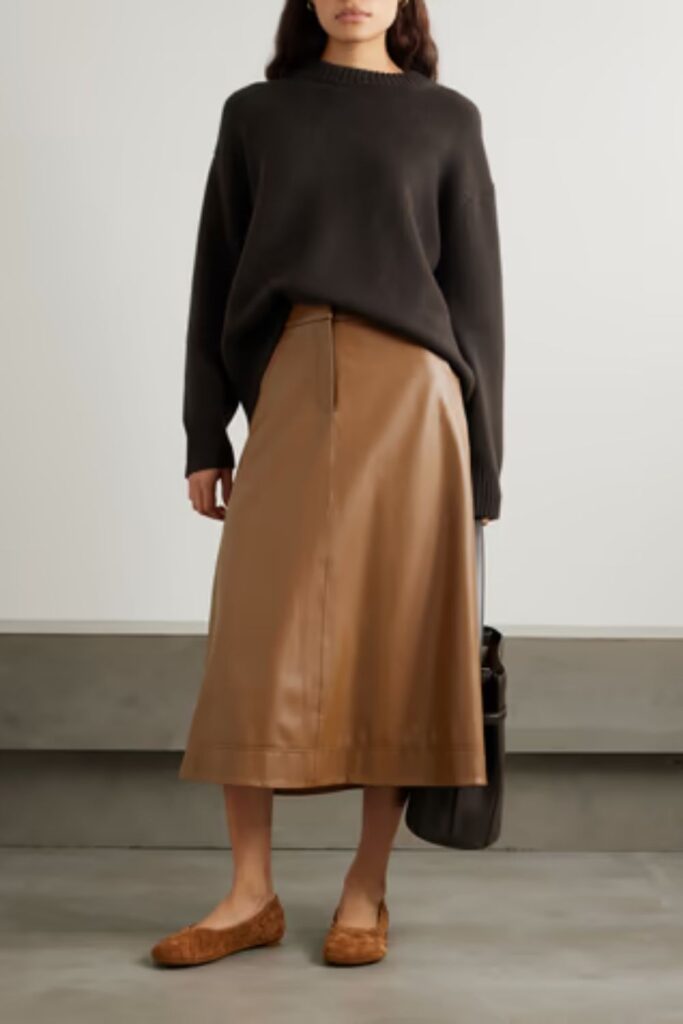 33 Stunning Office Outfits Women That Work From Desk to Dinner 7 Caramel Leather-Look Midi Skirt with a Fine-Knit Mock Neck in Black