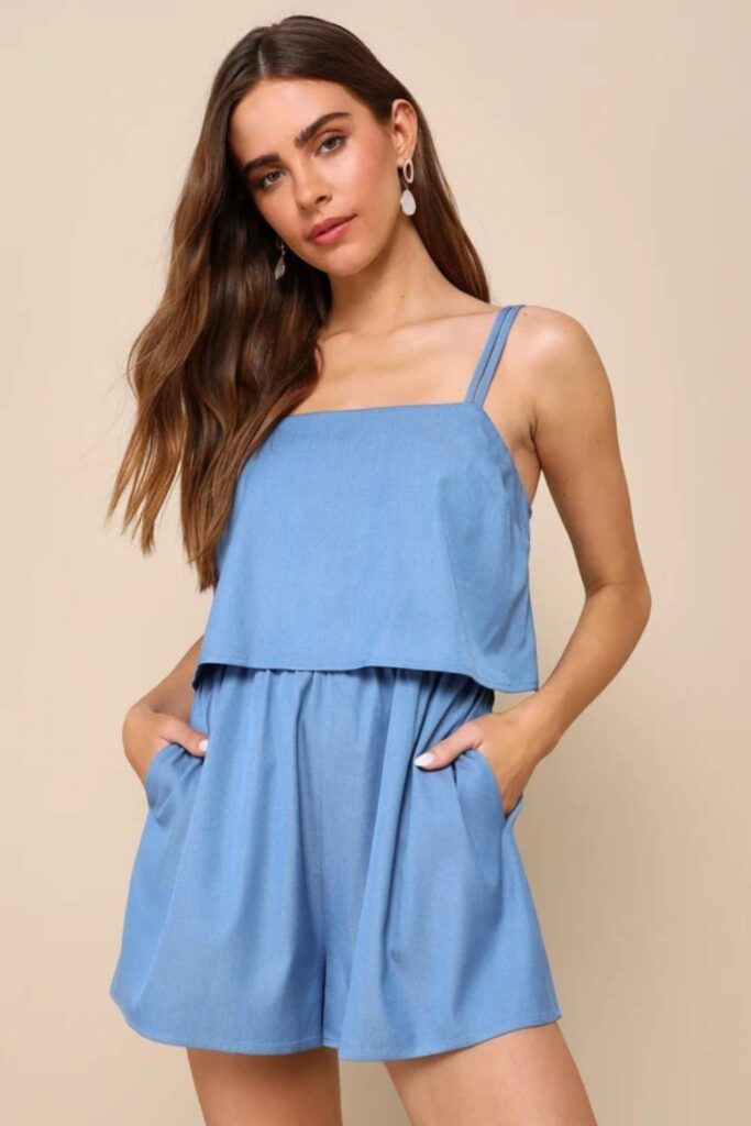 Chambray Romper with Crossbody Woven Bag