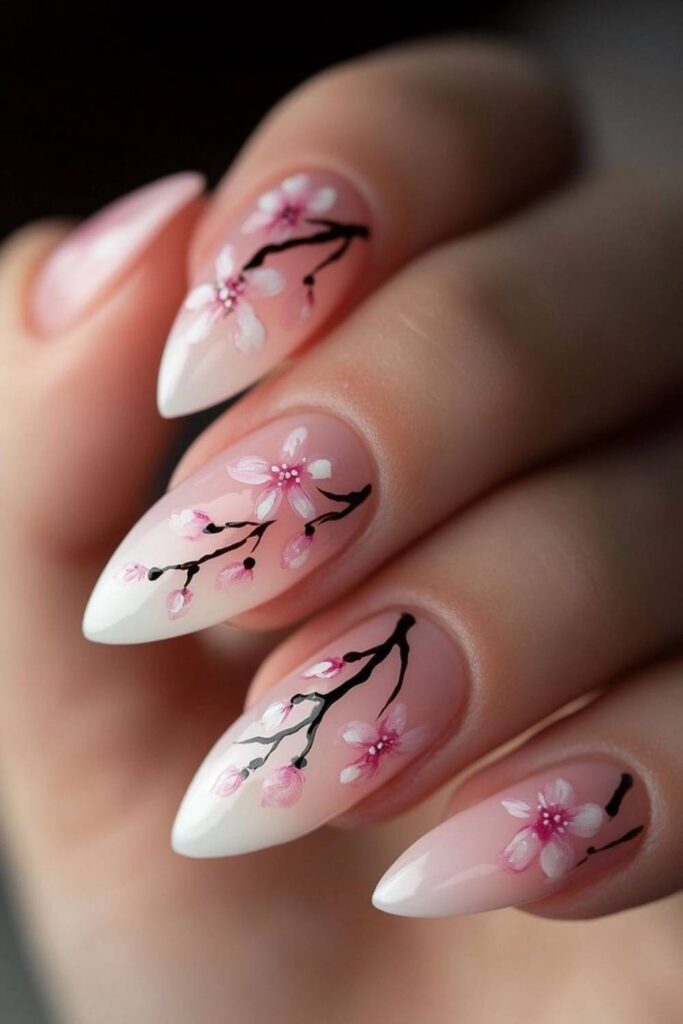 Cherry Blossom Branch on a Bare or White Nail