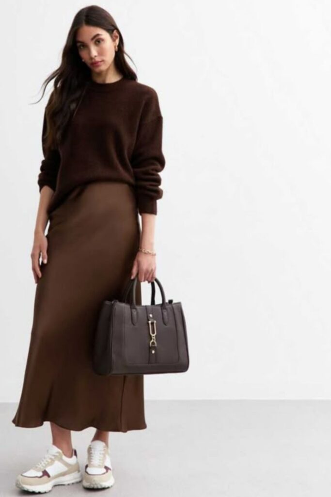 33 Stunning Office Outfits Women That Work From Desk to Dinner 12 Chocolate Brown Midi Skirt with a White Fitted Long-Sleeve Top and Mule Heels