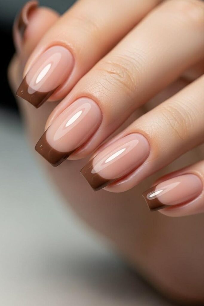 25 Square French Tip Acrylic Nails That Look Expensive Without Trying 12 Chocolate Brown Tips with a Nude Beige Base