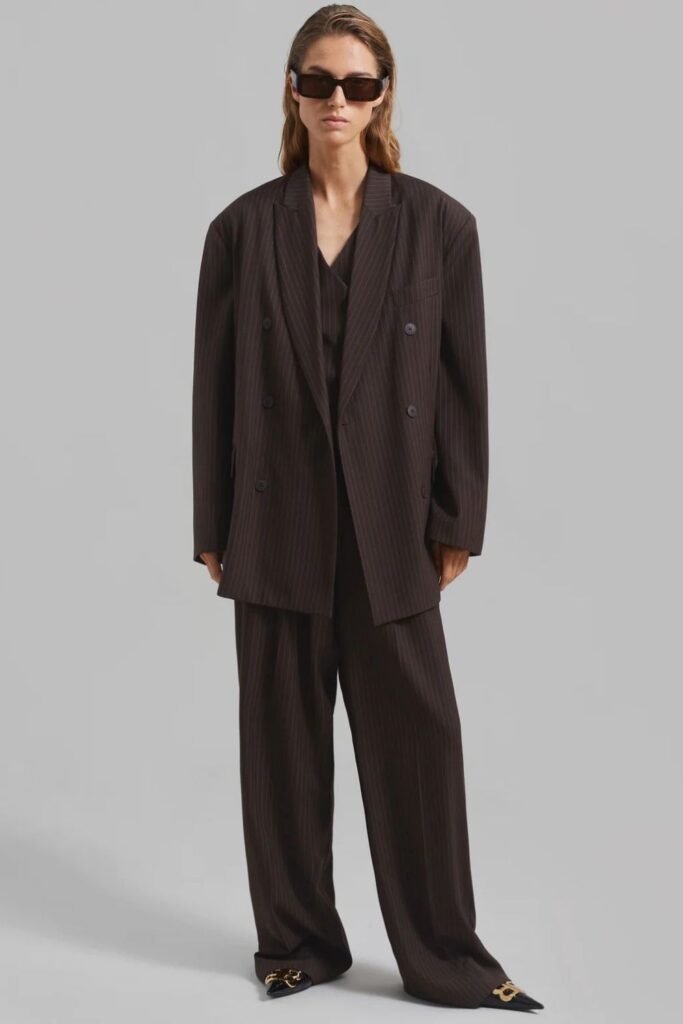 34 best Work Office Outfits That Actually Make Getting Dressed in the Morning Worth It 17 Chocolate Pinstripe Trouser Suit with a Black Tee