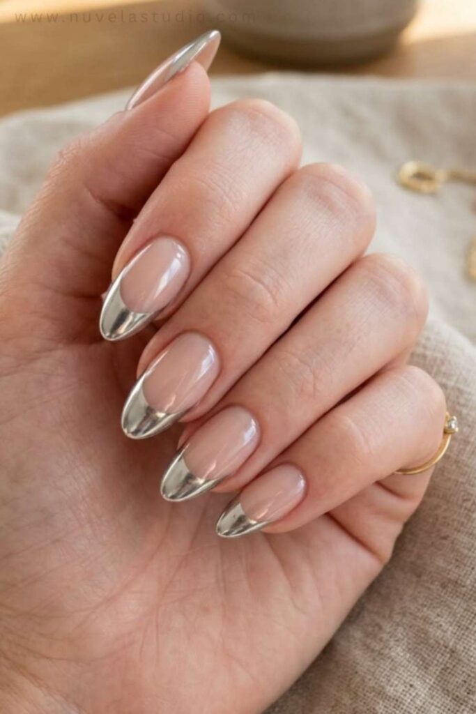 25 Square French Tip Acrylic Nails That Look Expensive Without Trying 4 Chrome Silver Tips with a Clear Acrylic Base