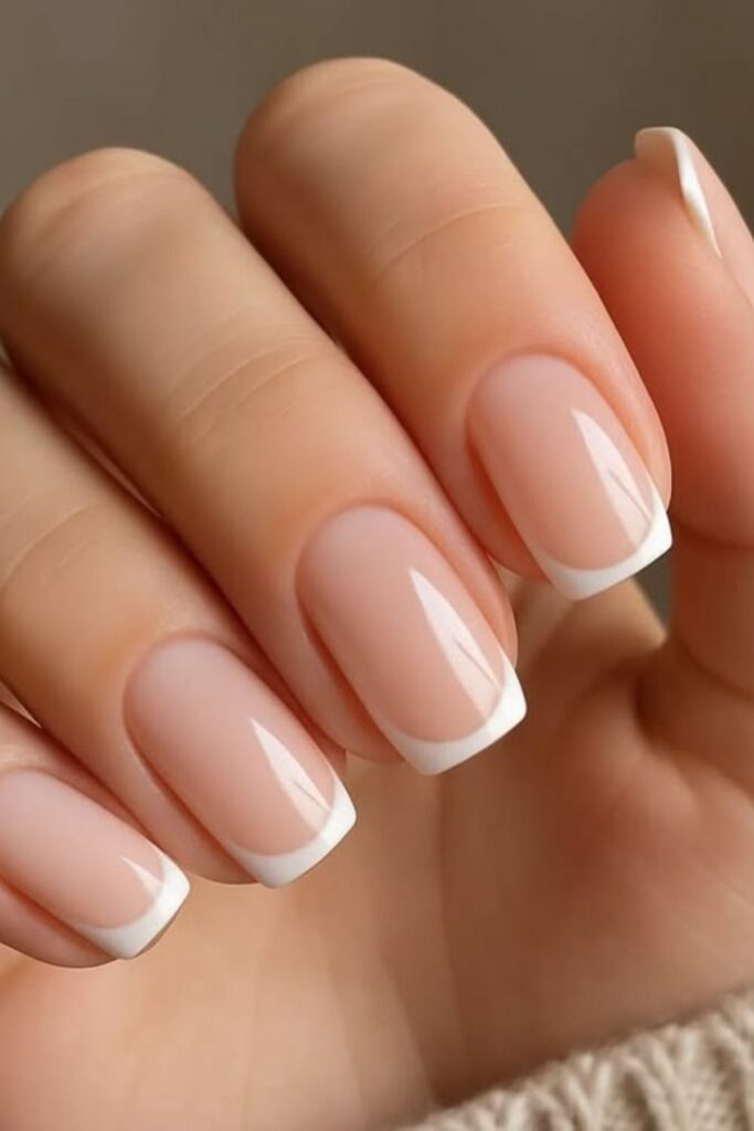 25 Square French Tip Acrylic Nails That Look Expensive Without Trying 2 Classic White Tip on a Sheer Nude Base