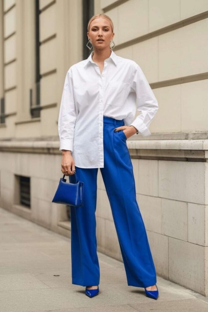Cobalt Blue Straight-Leg Trousers with a White Blouse