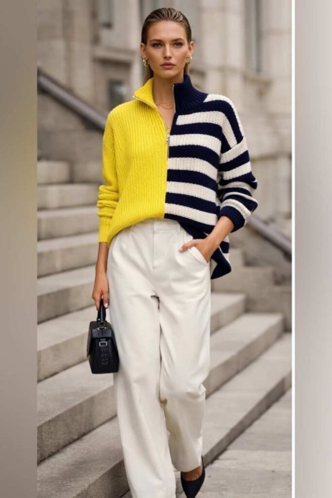 35 Budget Fashion Affordable Outfits That Look Anything But Cheap in 2026 11 Colorblock Sweater with Straight-Leg Trousers