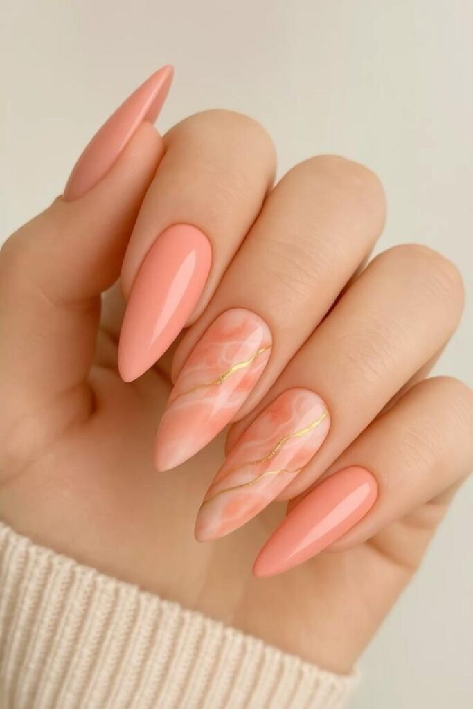 43 Blooming Gel Nail Art Ideas That Look Like They Took Hours (But Didn't) 5 Coral and Peach Swirl Bloom with a Glossy Finish