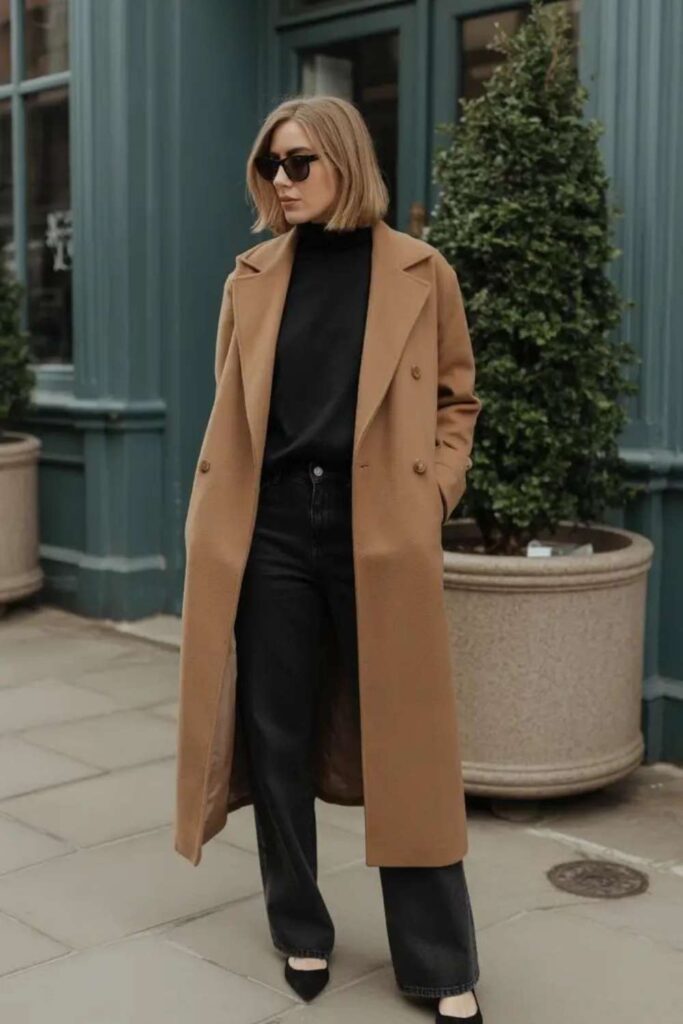 83 Curvy Girl Outfits That Look Effortlessly Chic (2026 Edit) 11 Cozy Camel Coat over an All-Black Outfit