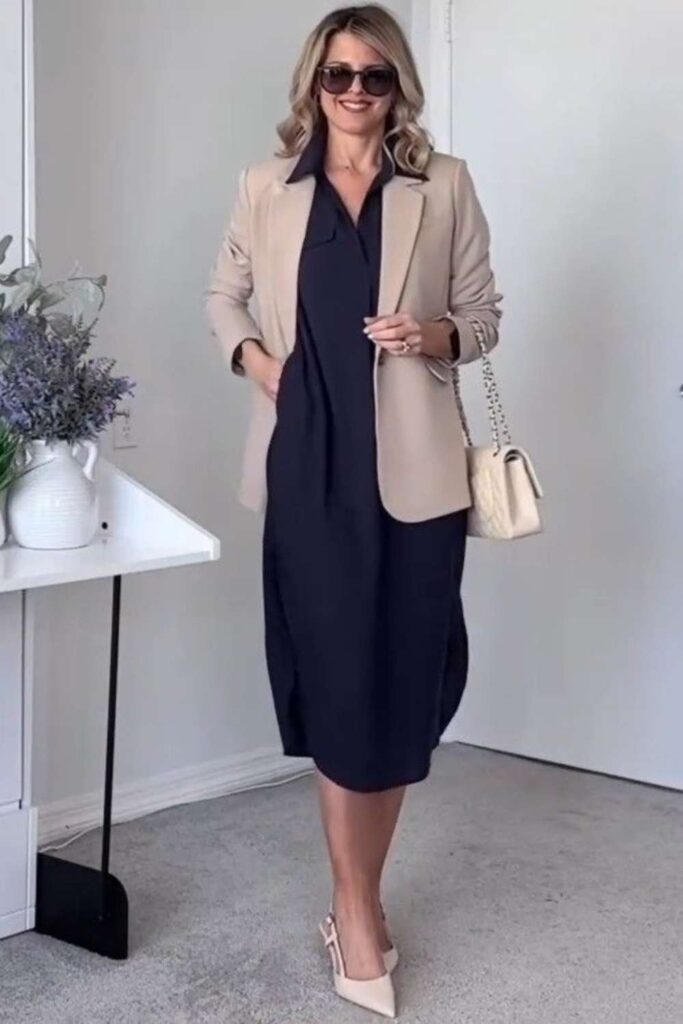34 best Work Office Outfits That Actually Make Getting Dressed in the Morning Worth It 18 Cream Blazer Over a Black Midi Dress