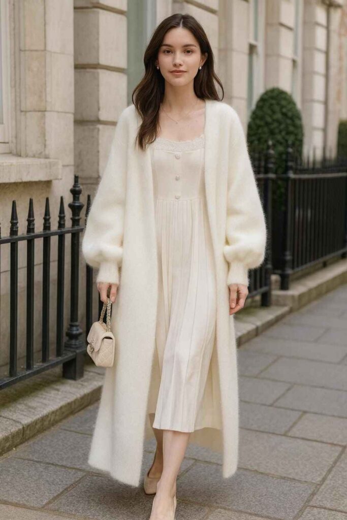 Cream Knit Set with a Long Cardigan Over Satin Trousers
