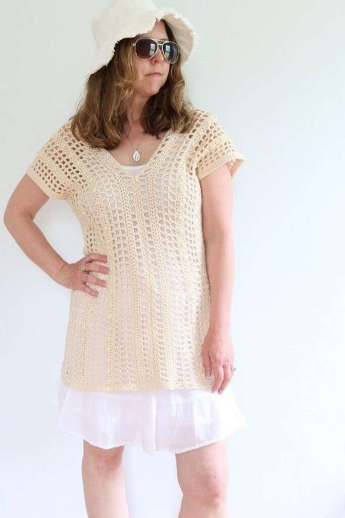 Crochet Coverup Over a Neutral Bikini with Platform Sandals