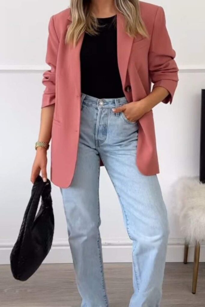 Cropped Blazer in Dusty Rose with Straight-Leg Jeans