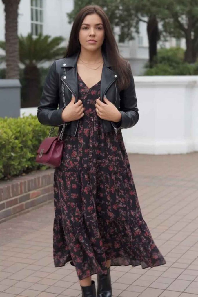 Cropped Leather Jacket over a Floral Midi Dress
