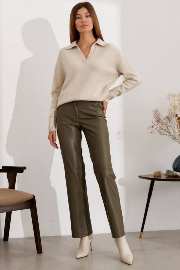 Dark Green Leather-Look Pants with a Cozy Cream Knit Sweater
