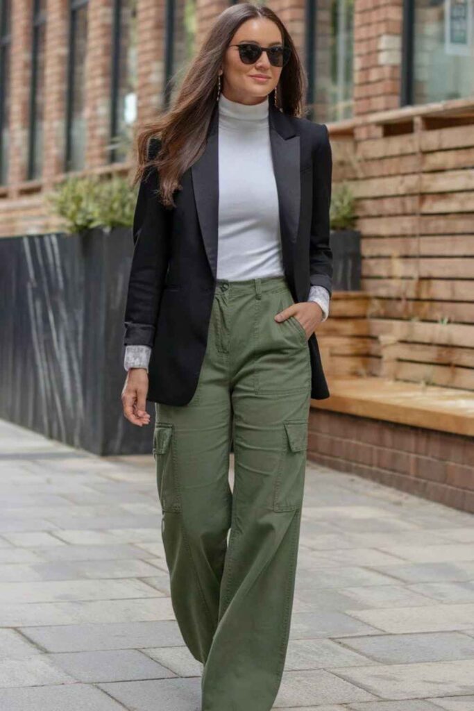 34 best Work Office Outfits That Actually Make Getting Dressed in the Morning Worth It 16 Dark Olive Cargo-Style Trousers with a Fitted Blazer