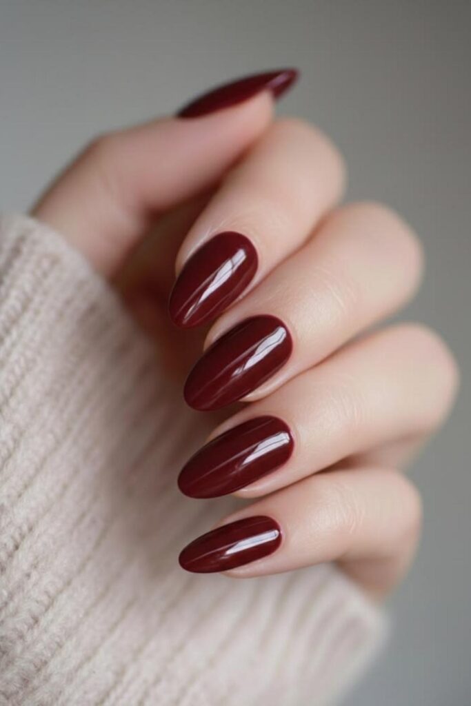 Deep Burgundy Nails, Glossy and Oval