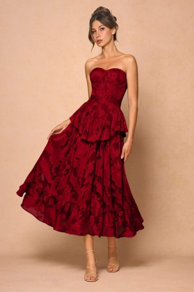 19 Best Birthday Outfit Ideas That Feel Like You, But Make-An-Entrance 14 Deep Red Midi Dress with Ruffle Hem