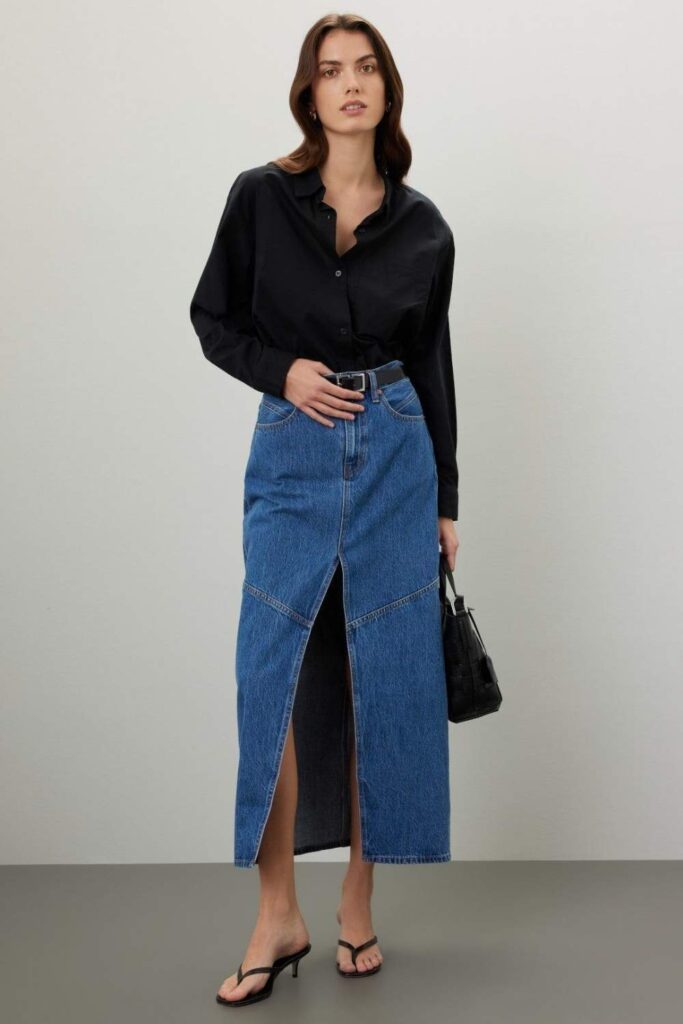 35 Budget Fashion Affordable Outfits That Look Anything But Cheap in 2026 10 Denim Maxi Skirt with a Fitted Long-Sleeve Top