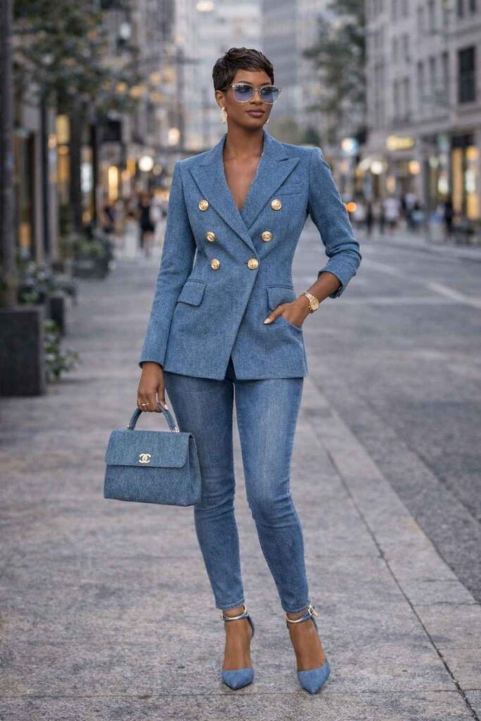 23 Date Night Outfits That Always Look Effortlessly Chic in 2026 12 Denim-on-Denim with an Elevated Heel and Gold Jewelry