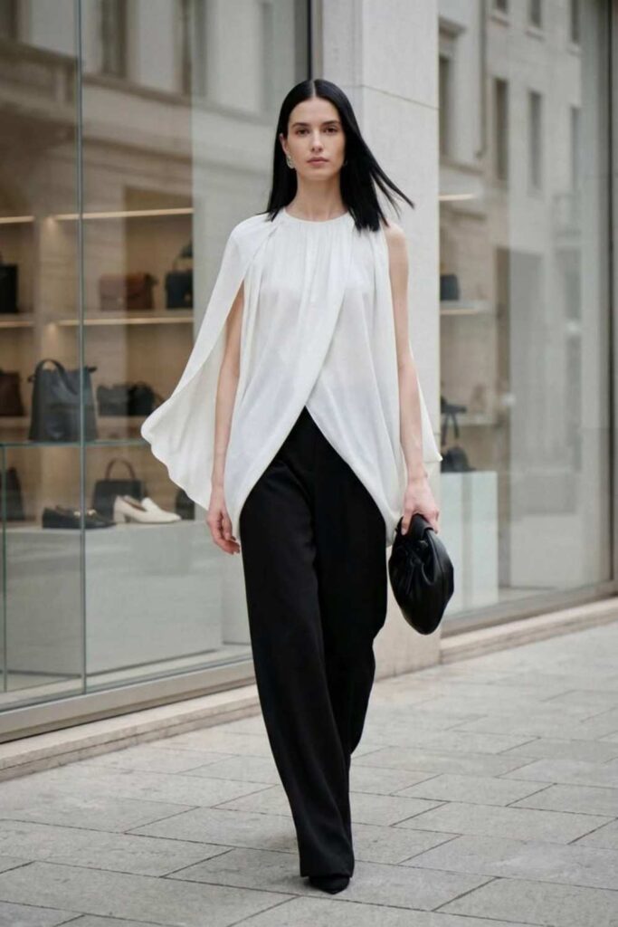 Draped Open-Back Blouse with Wide-Leg Black Trousers Work Presentation