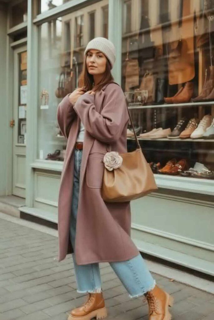 27 Casual Everyday Outfits That Always Look Effortlessly Put-Together 4 Dusty Mauve Hoodie Layered Under a Structured Cream Trench