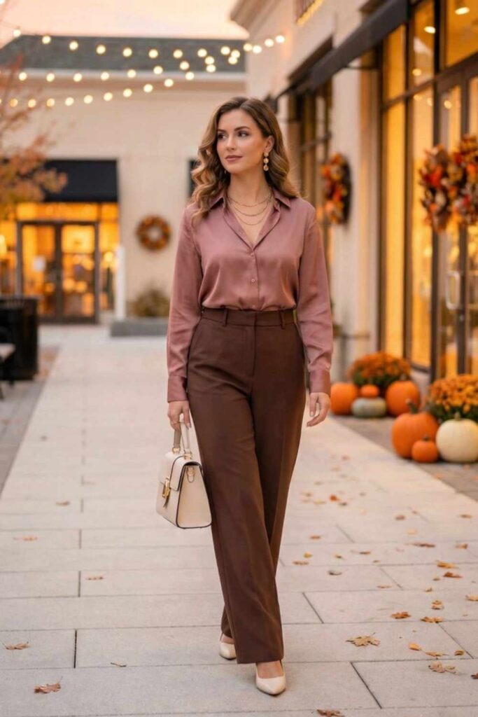 27 Color Matching Outfit Ideas That Look Effortlessly Put-Together in 2026 3 Dusty Rose Top Tucked into Chocolate Brown Trousers
