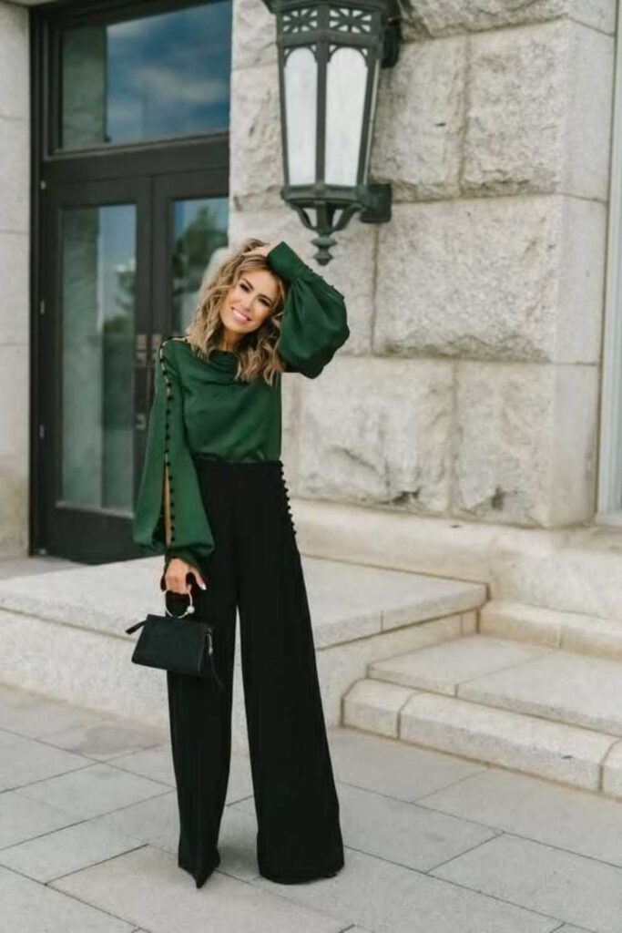 83 Curvy Girl Outfits That Look Effortlessly Chic (2026 Edit) 16 Emerald Green Satin Blouse with High-Waisted Black Straight-Leg Trousers
