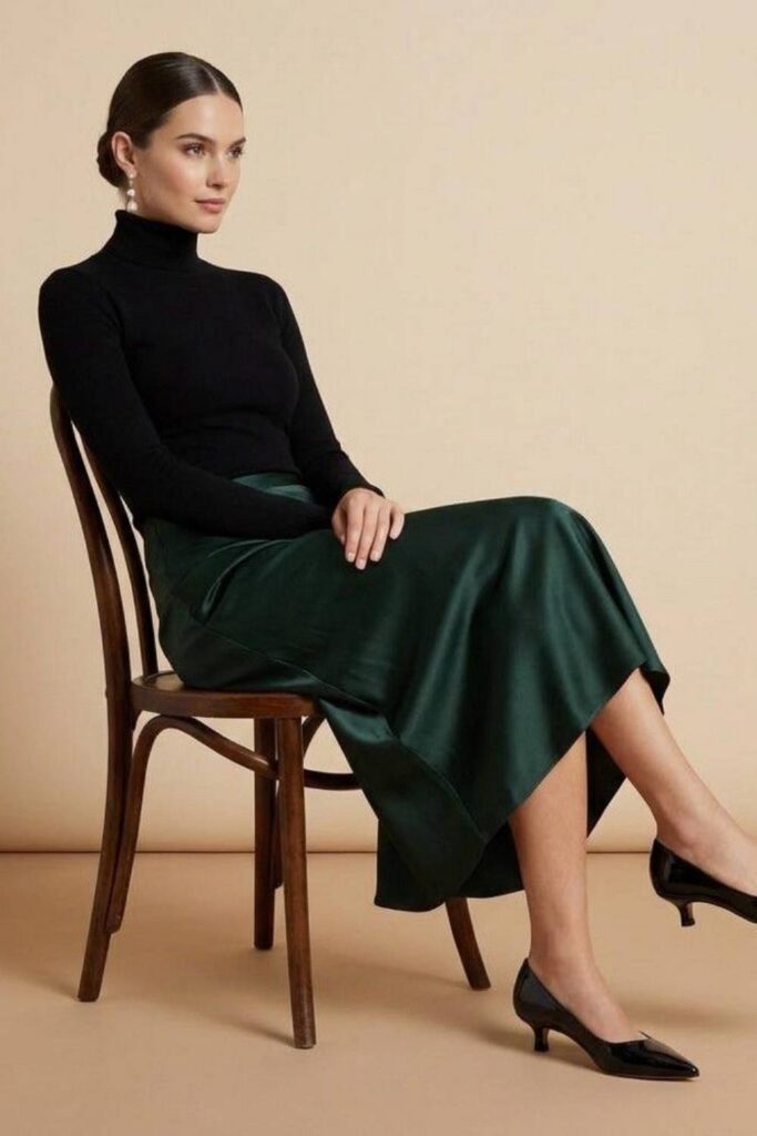 23 Date Night Outfits That Always Look Effortlessly Chic in 2026 16 Emerald Green Satin Slip with Black Kitten Heels